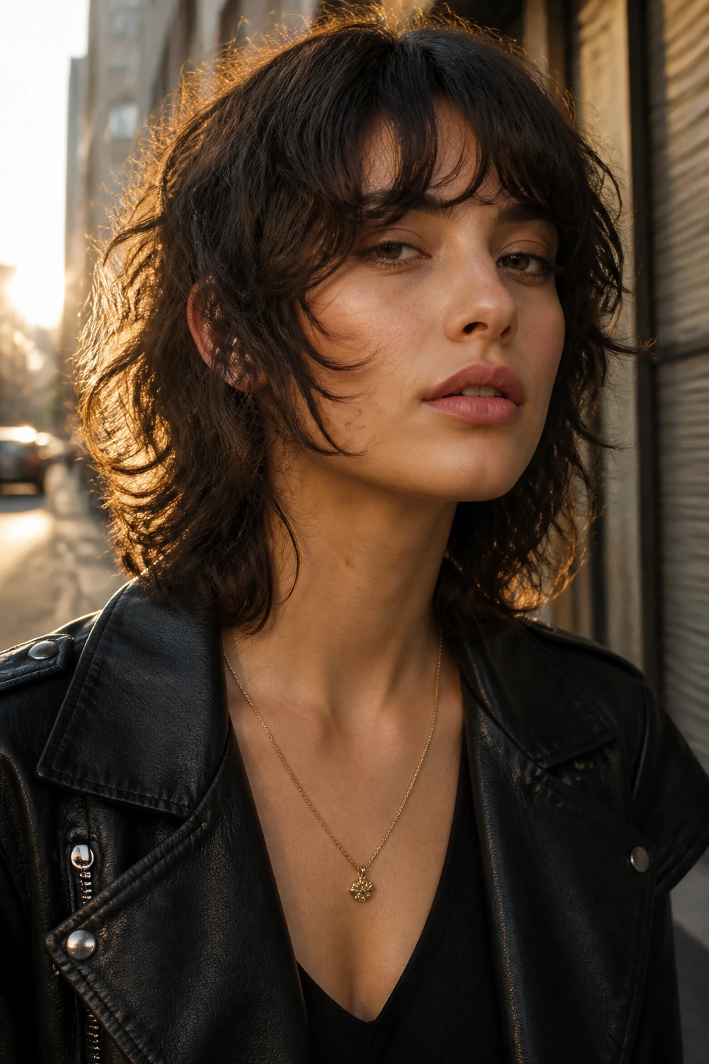 Close-up of a real person with Wolf-Inspired Lob With Cheekbone Pieces in urban street light.