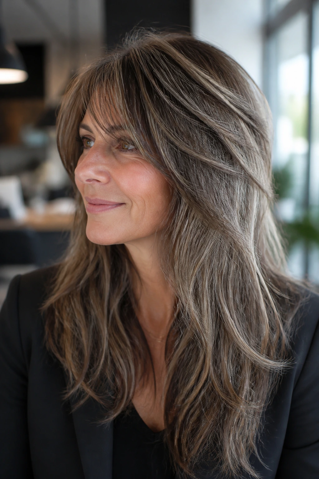 Portrait of a real woman with soft wolf-inspired long cut