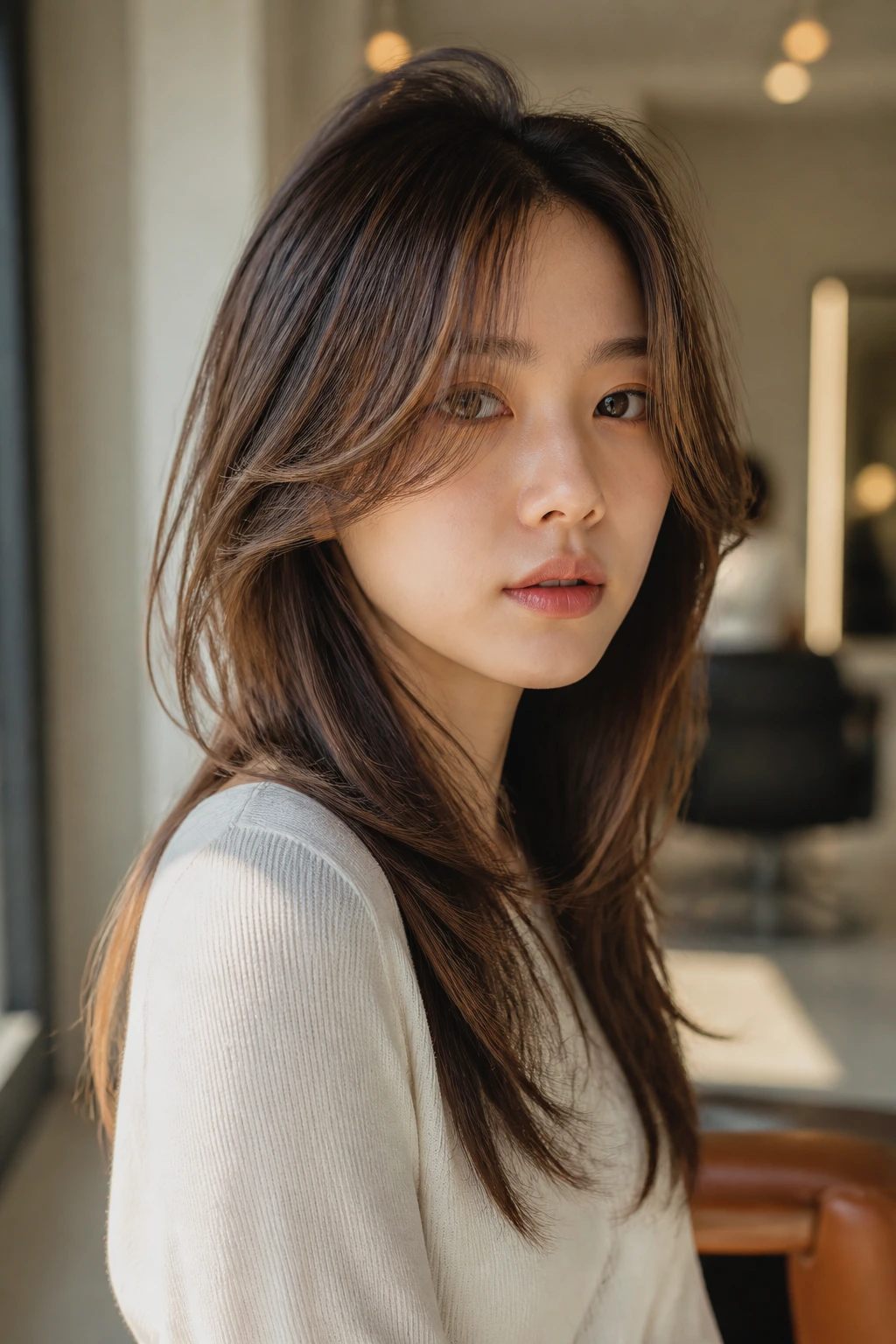 Close-up portrait of a real woman with long Korean wolf layers and caramel highlights.