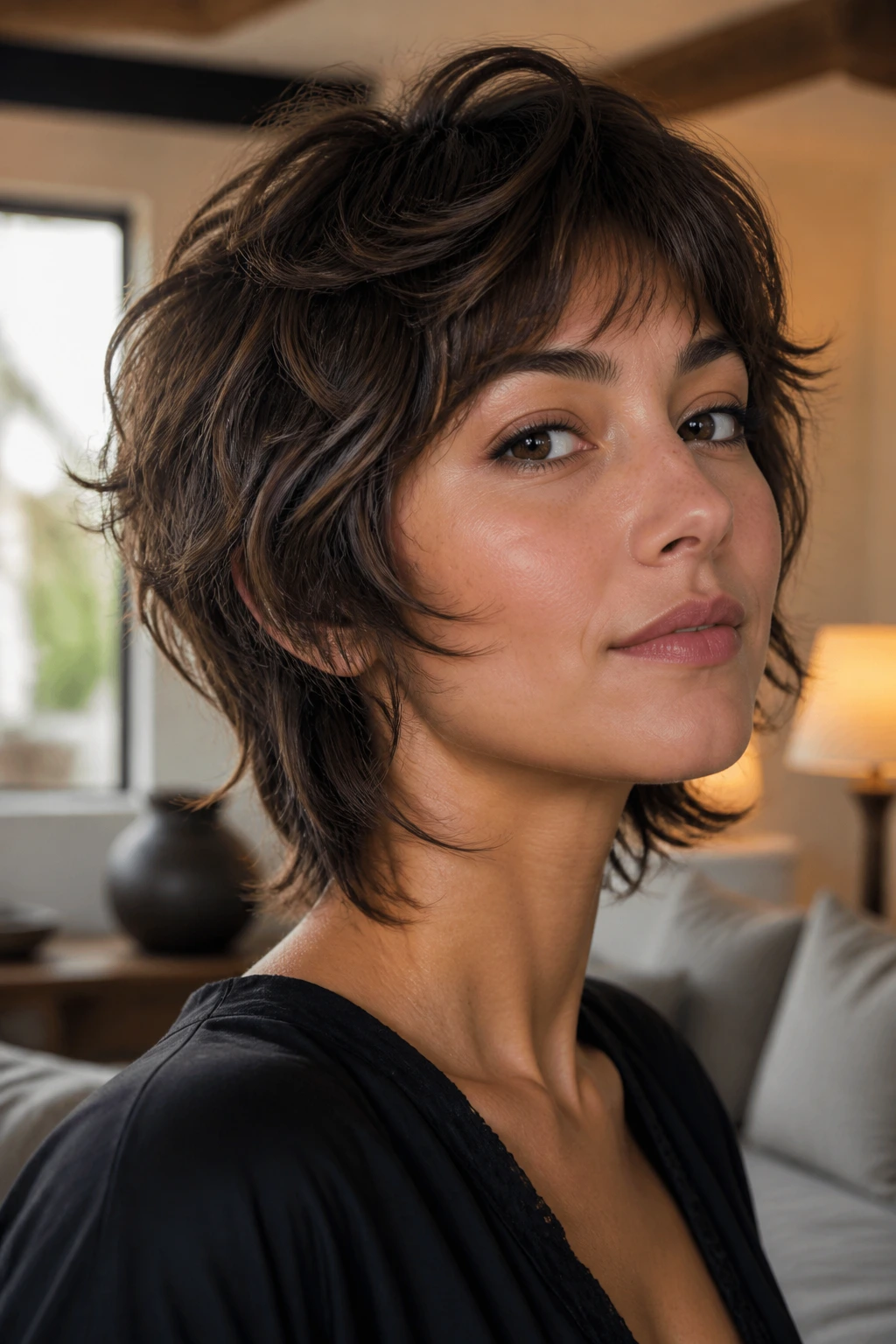 Portrait of a person with wolf-lite bob showing lifted crown and longer nape