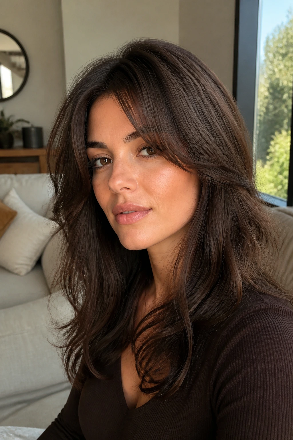 Close-up portrait of brunette with wolf-lite layers framing face in a cozy living room
