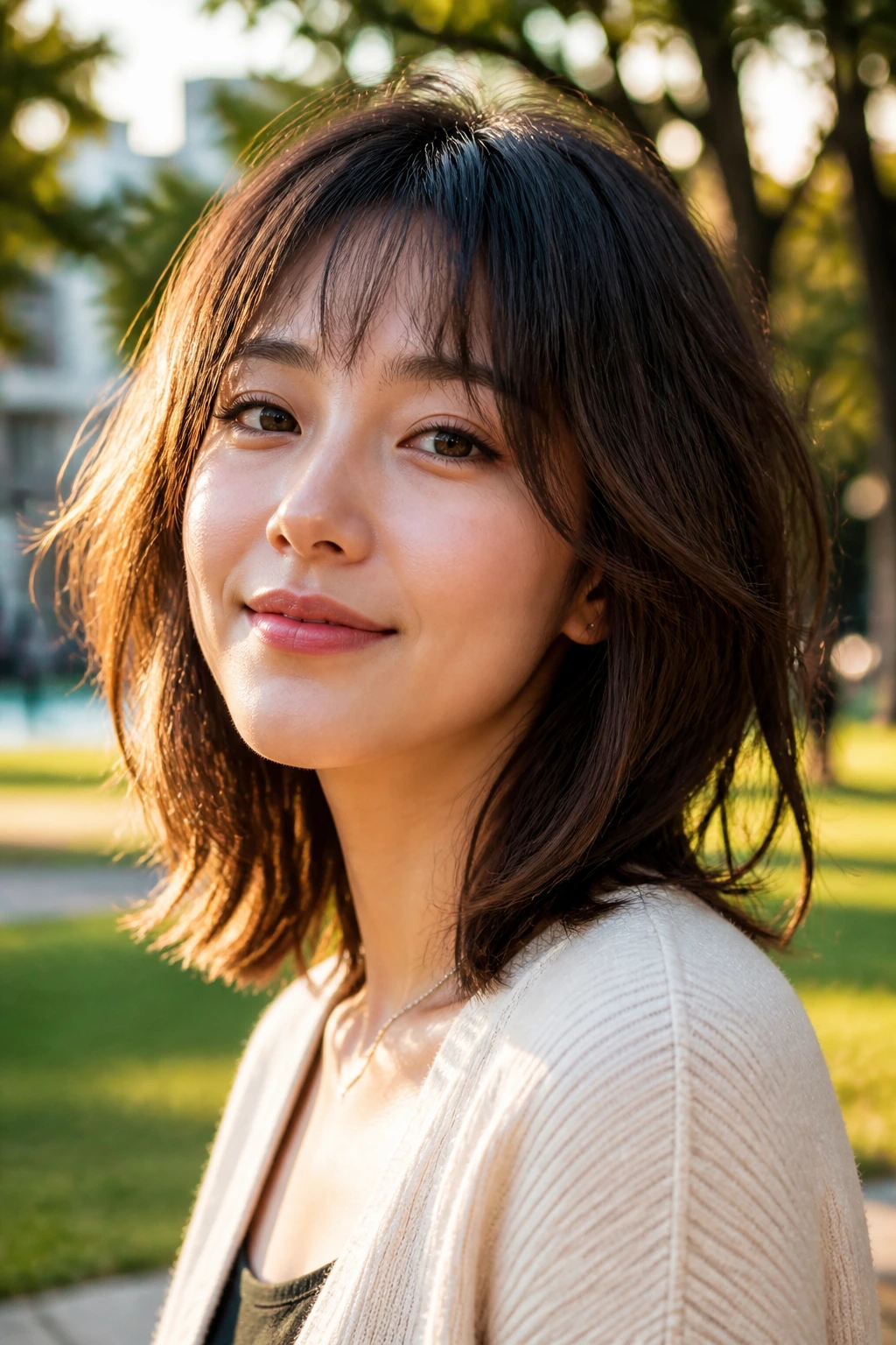 Close-up of a real woman with a textured wolf-lite lob featuring crown texture and a subtle fringe.