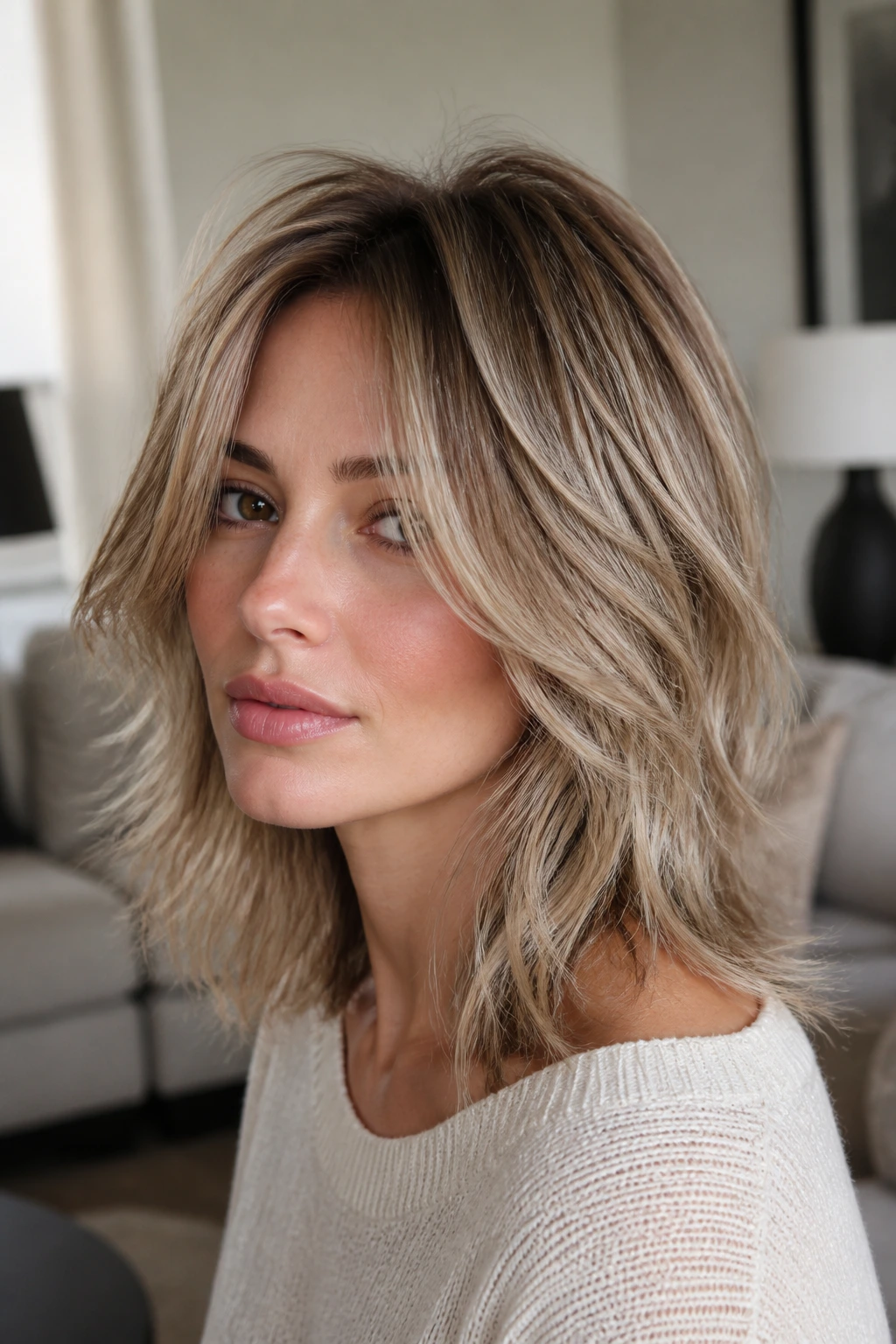 Close-up of a real woman with wolf-lite midi and wispy layers in beige tones