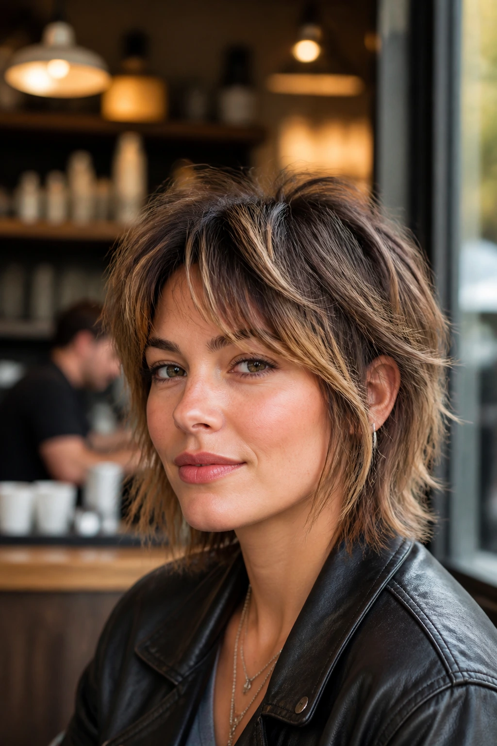 Portrait of a woman with Wolf-Lite mini shag and caramel highlights.