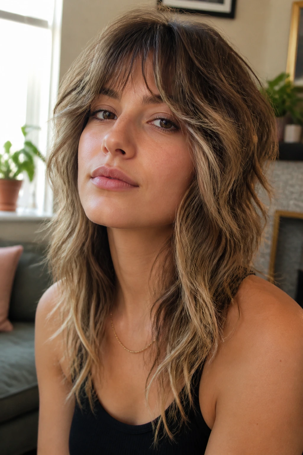 Close-up portrait of a real woman with a Wolf-Lite Shag showing crown-heavy layers and soft waves in natural window light