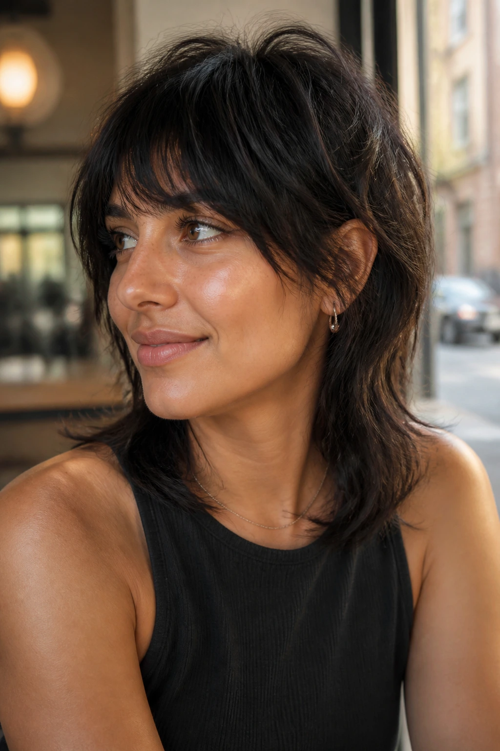 Portrait of a real woman with a soft wolf-lite shag showing blended layers