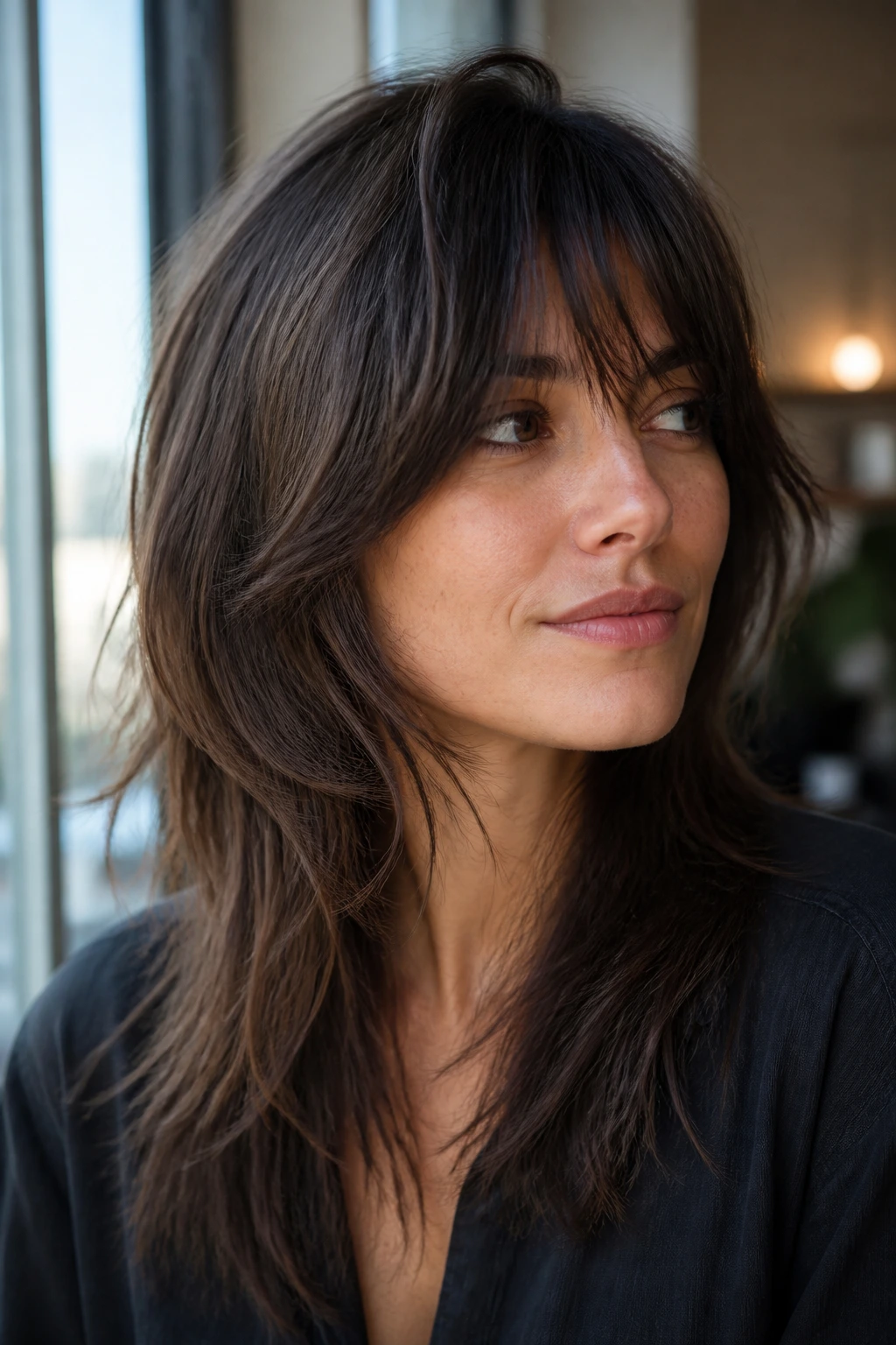 Portrait of a real woman with Wolf-Lite hairstyle featuring controlled texture in a casual indoor setting