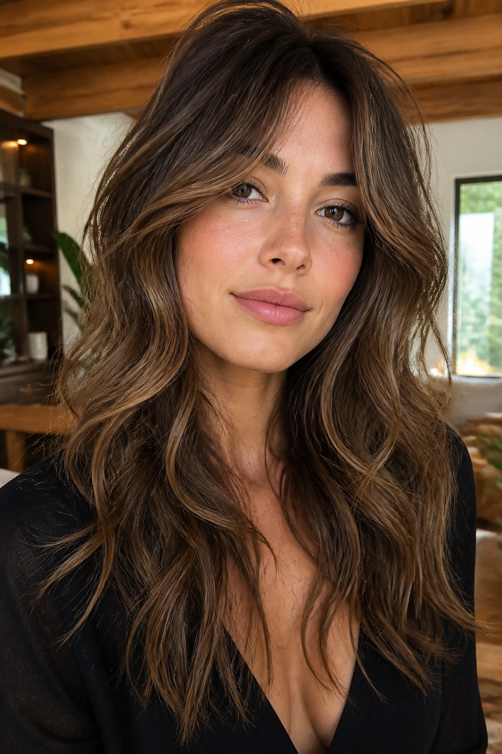 Close-up of a real woman with wolf-lite waves and smoky caramel babylights.