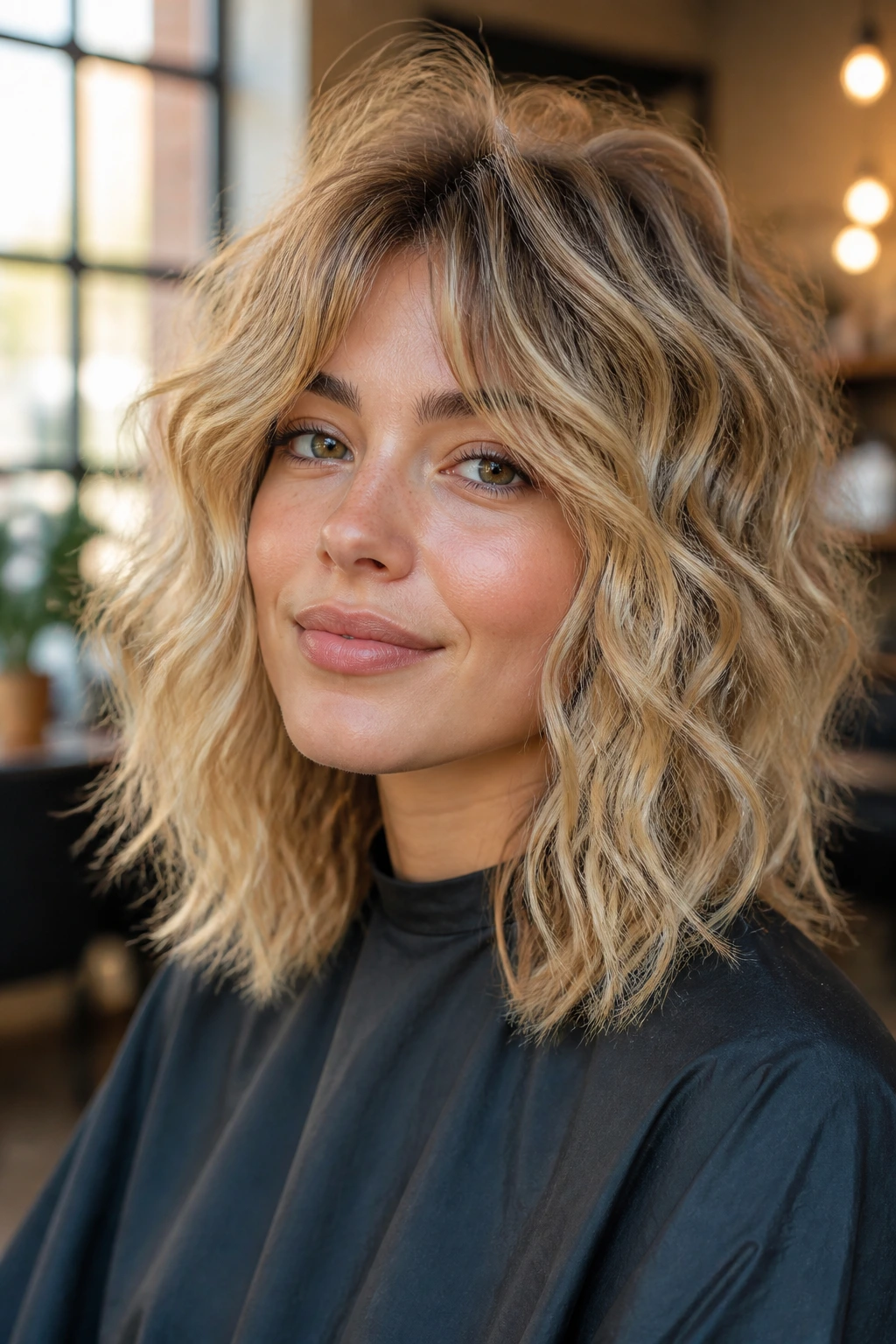 Close-up of a real woman with Soft Wolf-Lob Hybrid in Honey Blonde showing crown lift and textured ends.