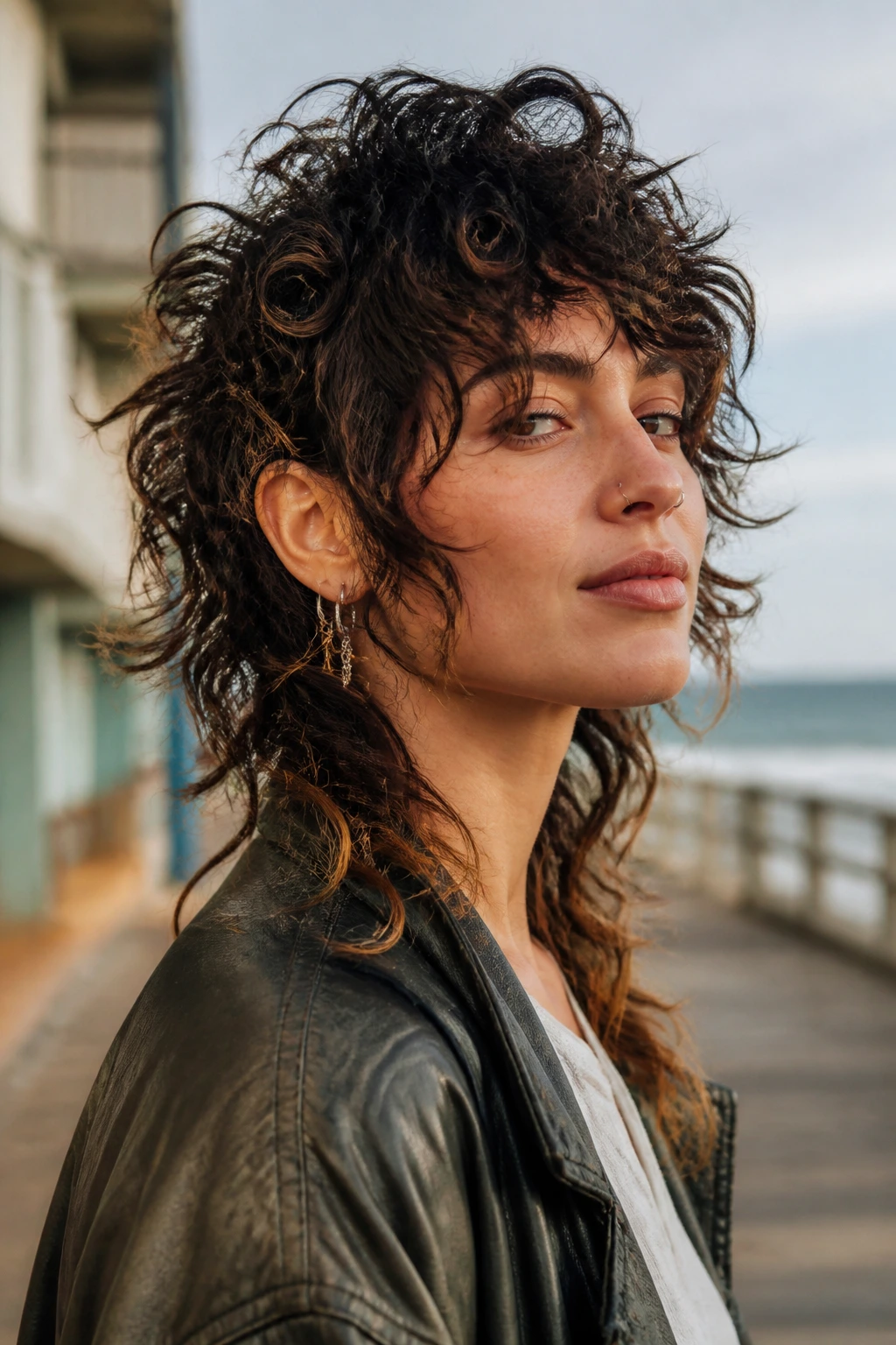 Close-up of a real person with curly wolf-octopus hairstyle with edge