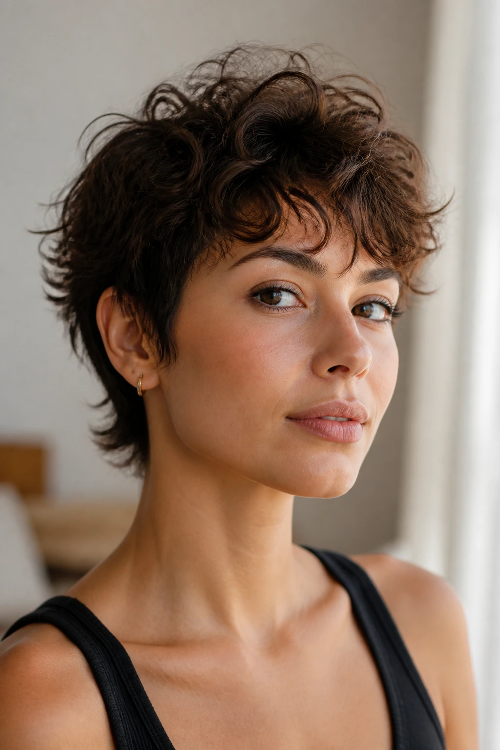 Portrait of a person with Soft Wolf Pixie Crossover hairstyle