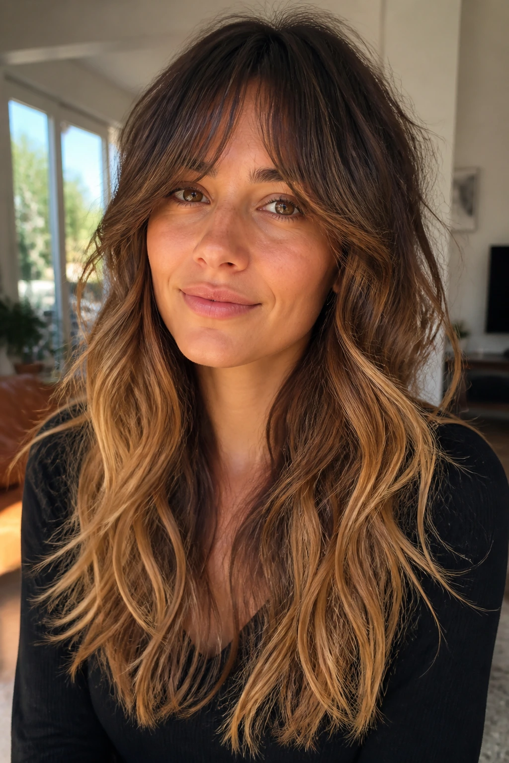 Realistic portrait of a long wolf shag with balayage ends