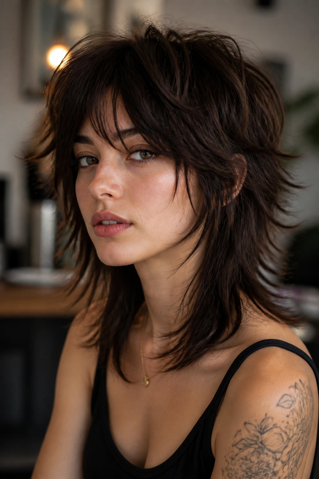 Real person with razor-sharp wolf shag on medium hair