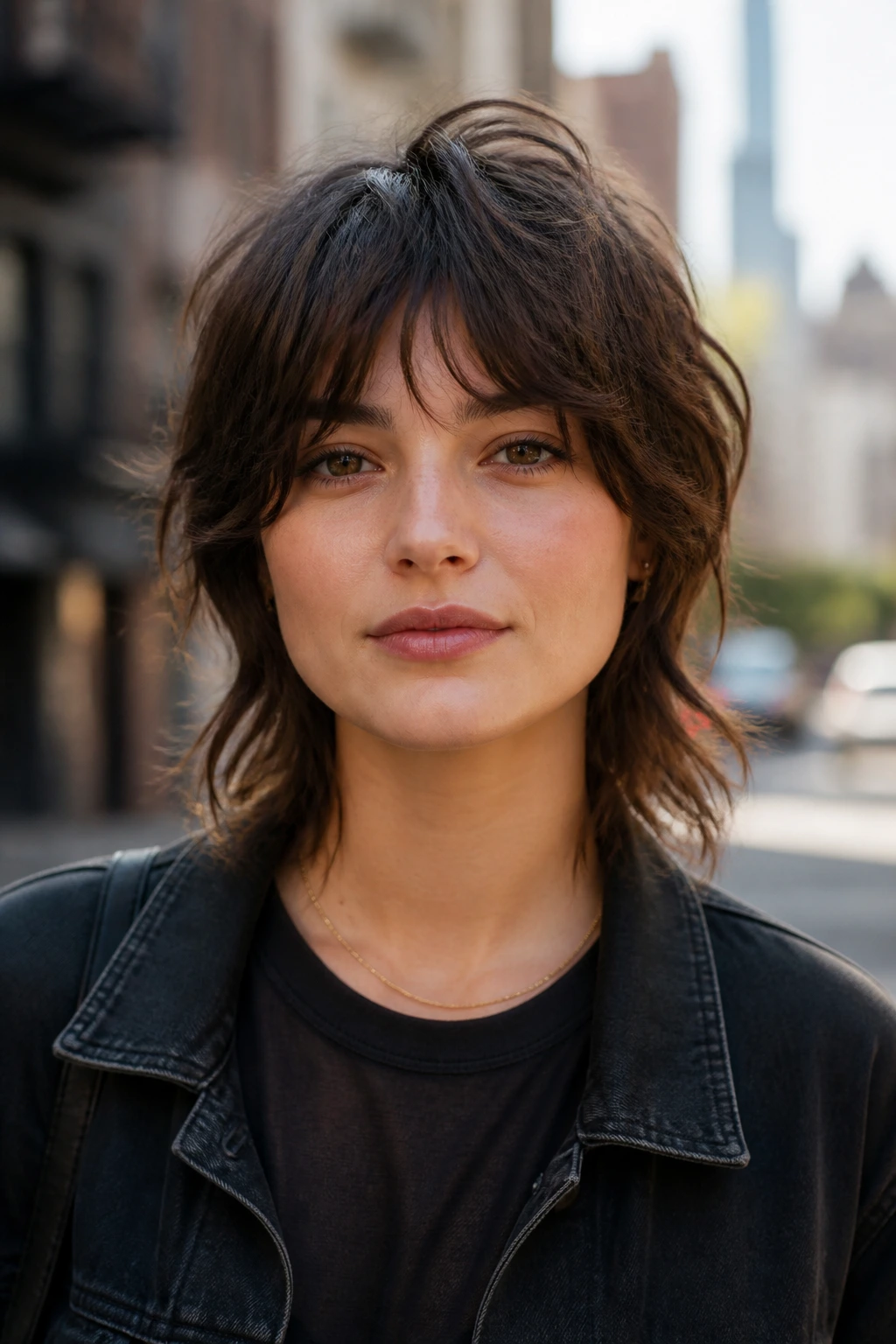 Real woman with subtle wolf-shag on urban street