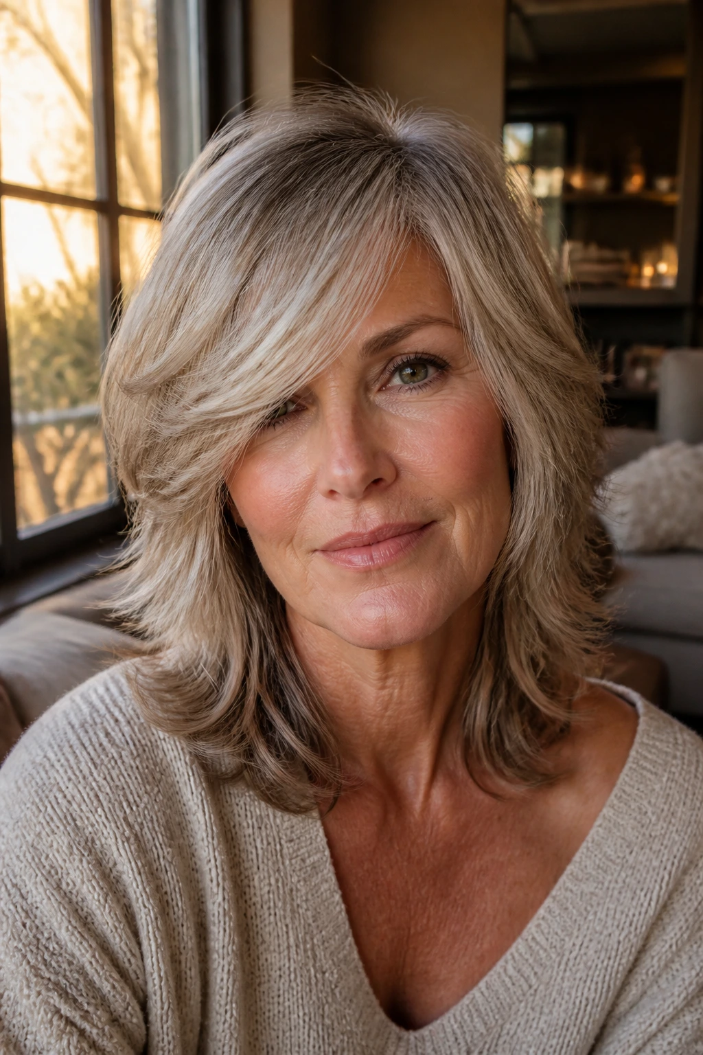 Close-up of real woman with softly tapered wolf shag and side-swept part