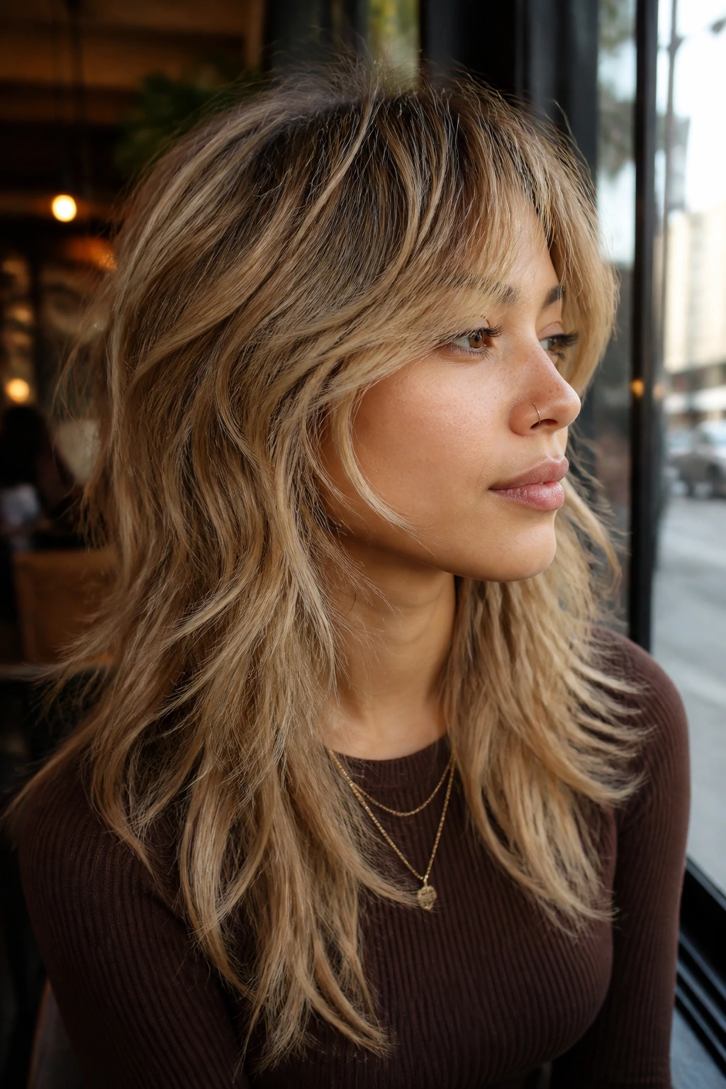 Close-up portrait of a real person with mulled wheat blonde wolf cut