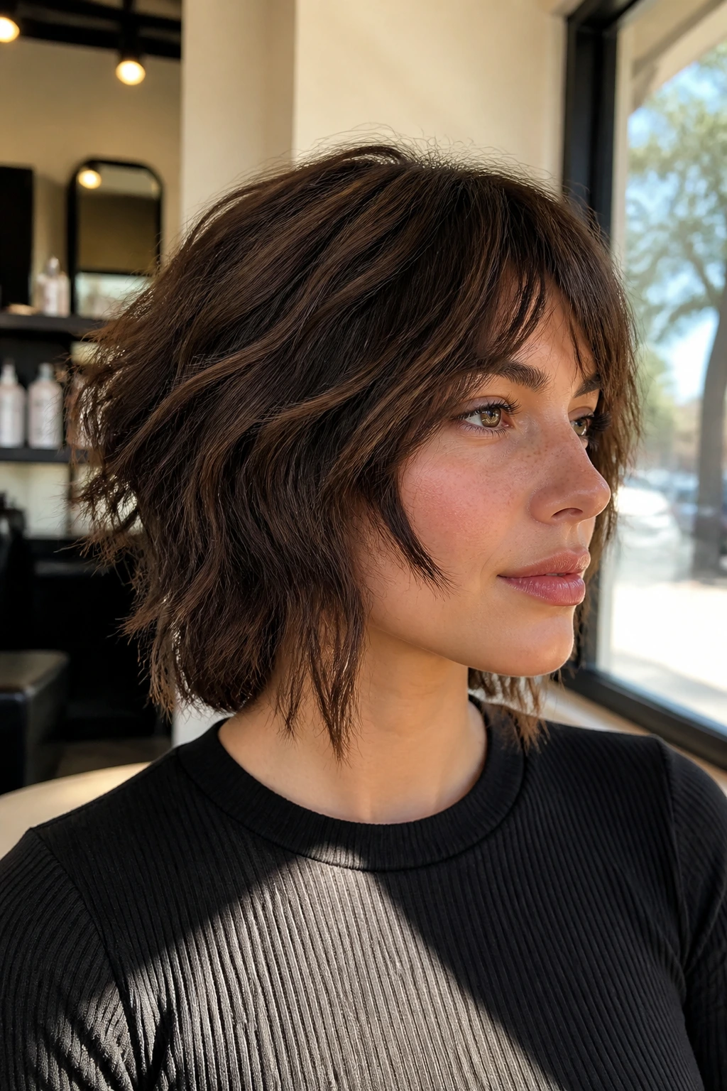 Close-up of a real woman with cheekbone-frame wolfcut showing face-framing front layers