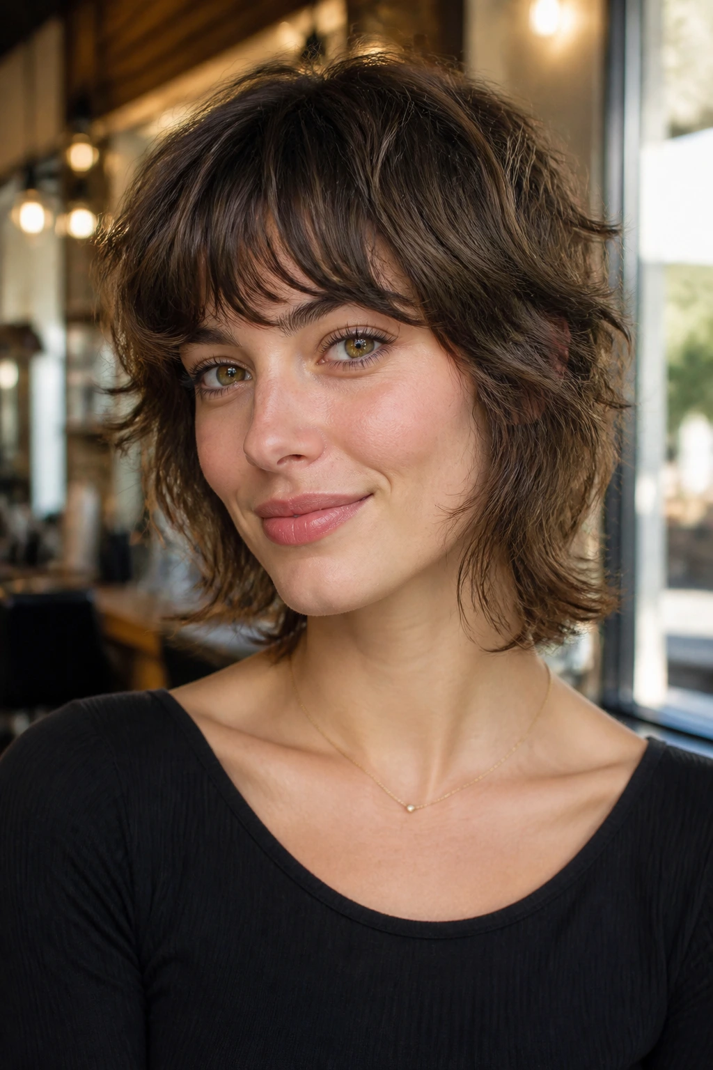 Portrait of a woman with wolfcut in a salon showing crown lift and fringe