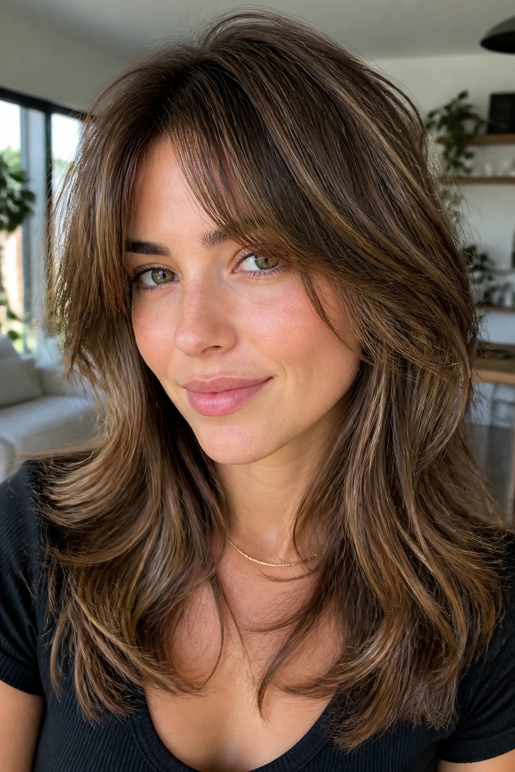 Real woman with soft wolf cut and diffused highlights