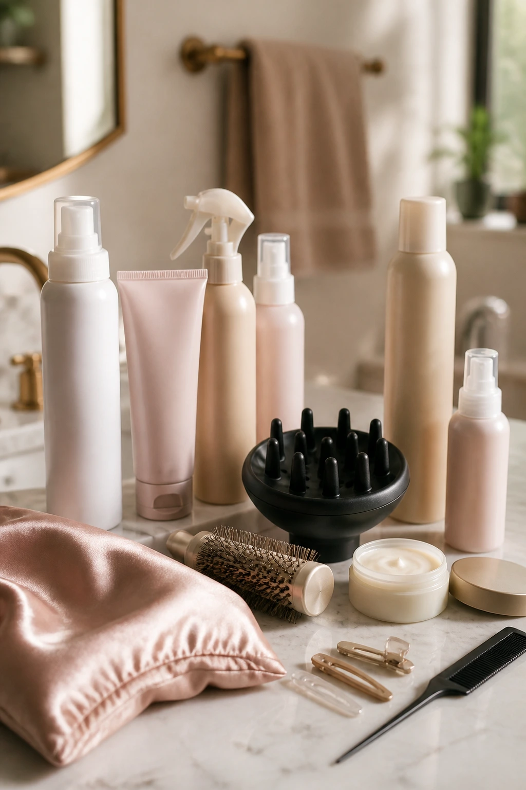 Close-up of a styling kit for wolfcut maintenance on a bathroom counter