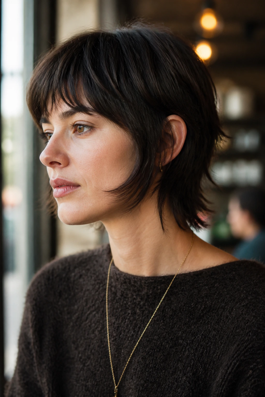 Close-up of a real woman with a long sideburn wolfcut in cafe daylight