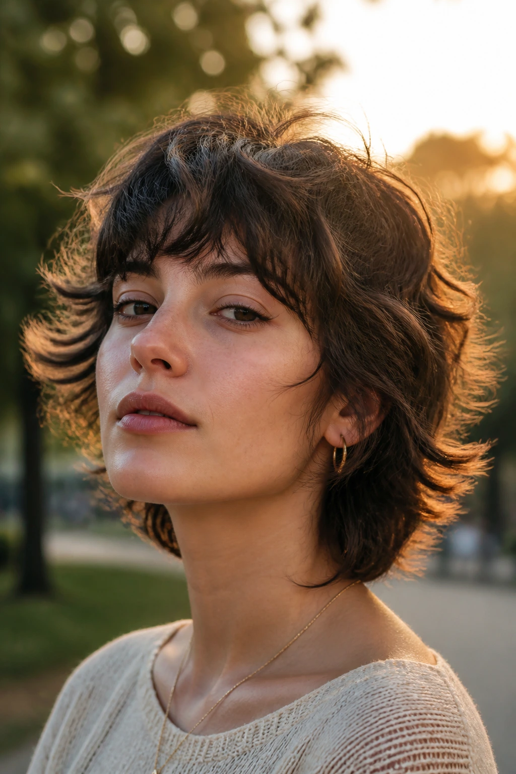 Portrait of a woman with a short wolfcut in motion outdoors during golden hour