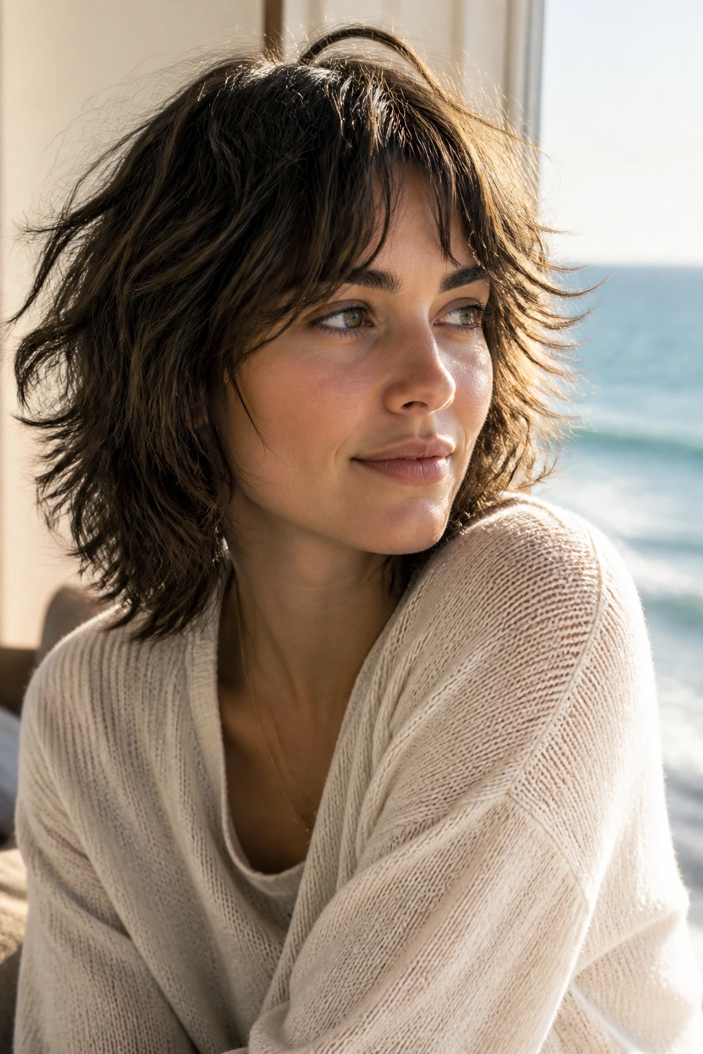 Close-up of a real woman with razor-soft wolfcut showing feathered ends