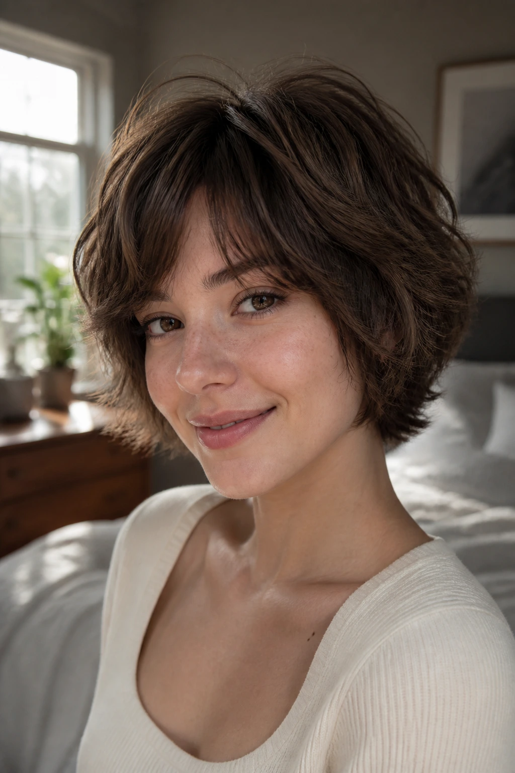 Close-up of a real woman with rounded wolfcut for fine waves