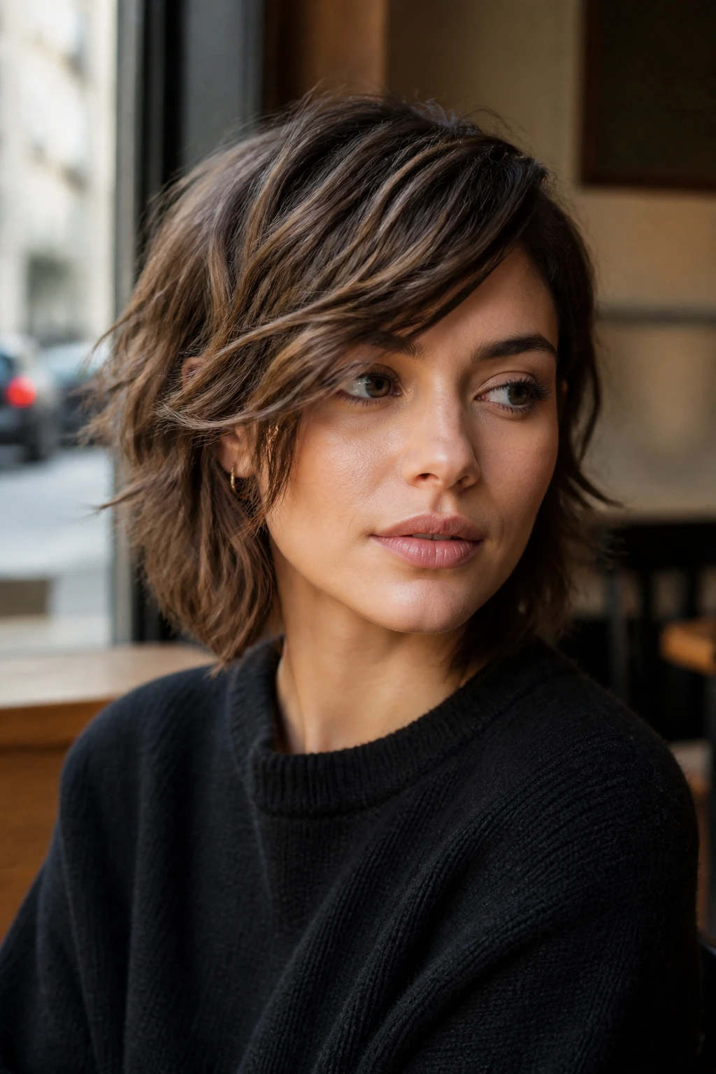 Close-up of a real woman with side-swept wolfcut and diagonal fringe