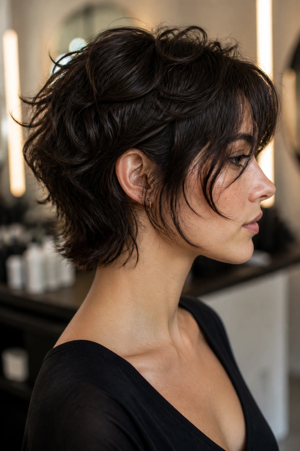 Close-up of a real woman with thick-hair debulked wolfcut showing weight removal
