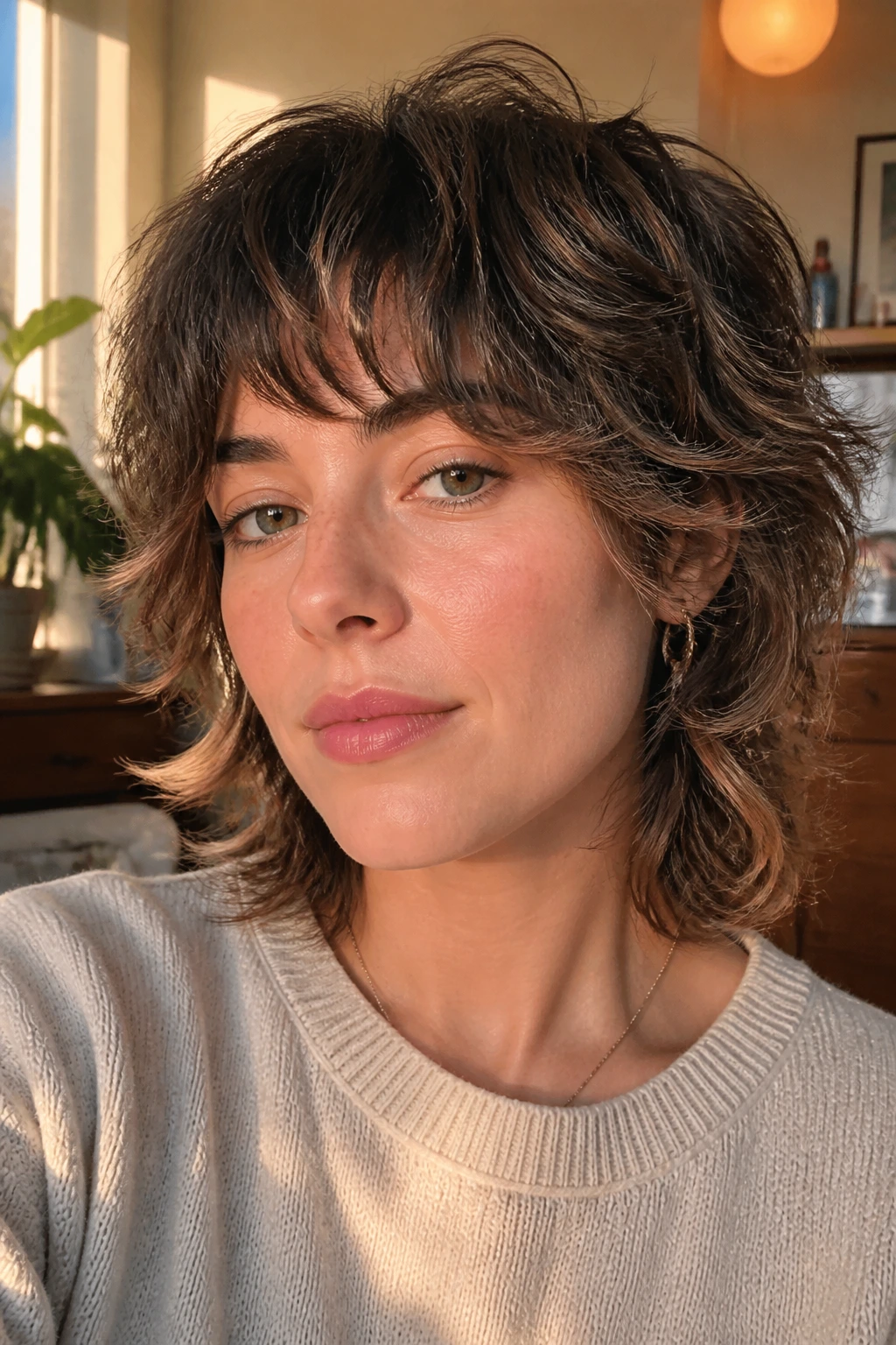 Portrait of a woman with a soft feathered wolfcut variation