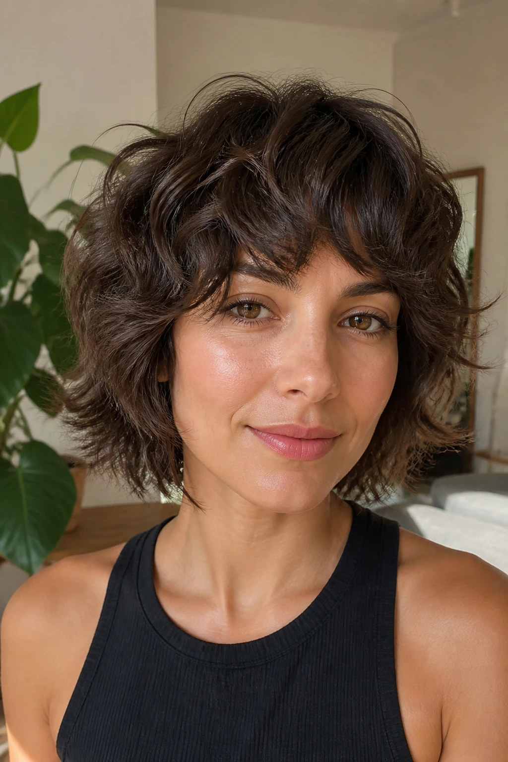 Close-up portrait of a real woman with a short wolfcut on wavy hair in a sunlit living room