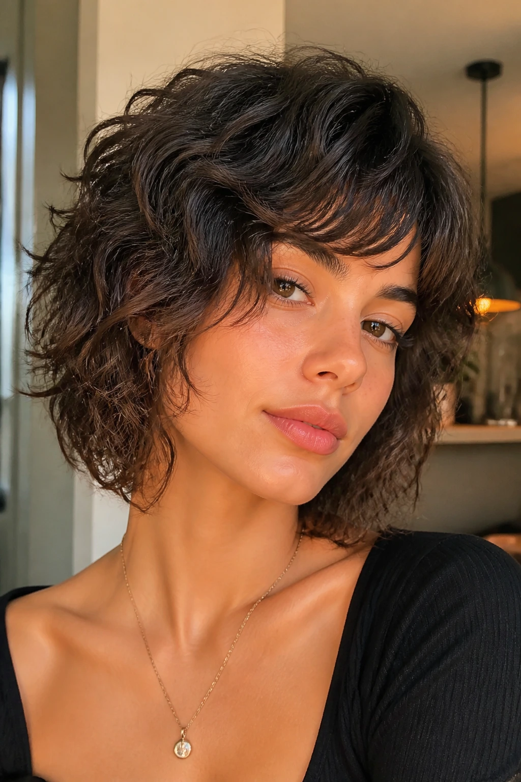 Woman with wolfy bob and shaggy bang sweep in natural light.