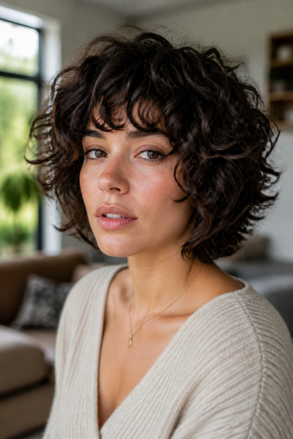 Close-up of a real woman with a wolfy bob hairstyle on thick curls.