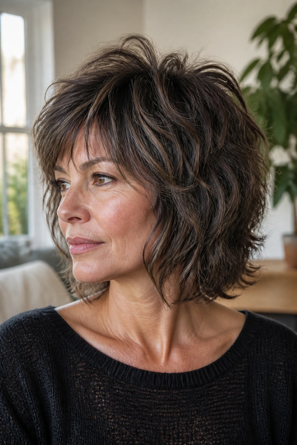 Close-up portrait of a real woman with a wolfy shag bob and choppy crown layers.