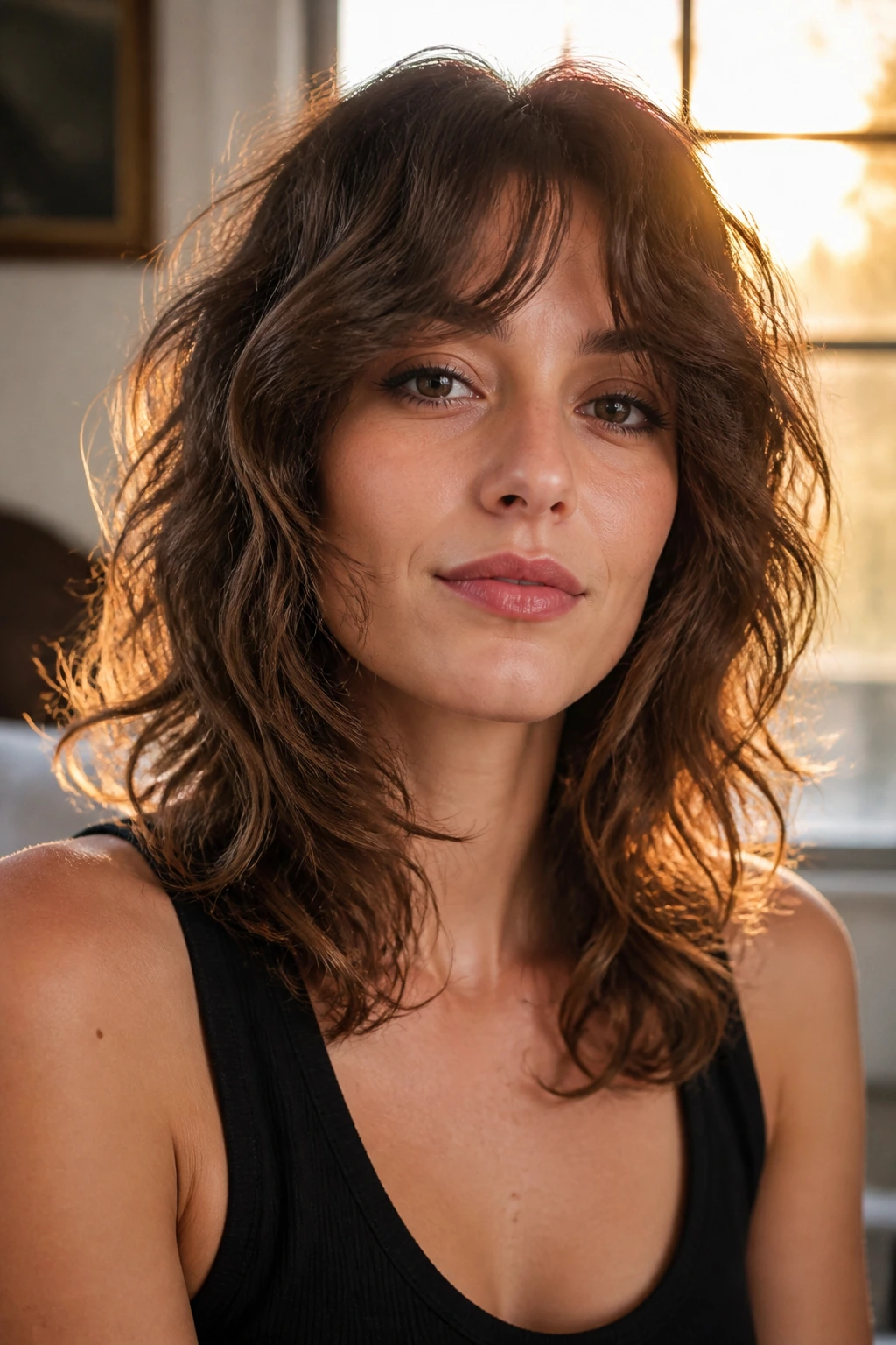 Portrait of a woman with a wavy shag, front pieces away from the face and natural texture.