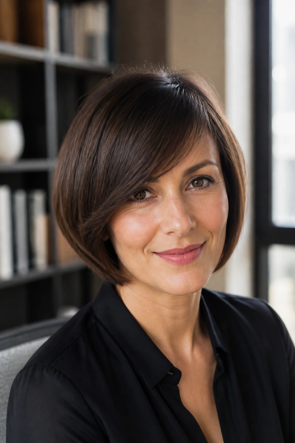 Close-up of a real woman with work-ready bob and soft side sweep