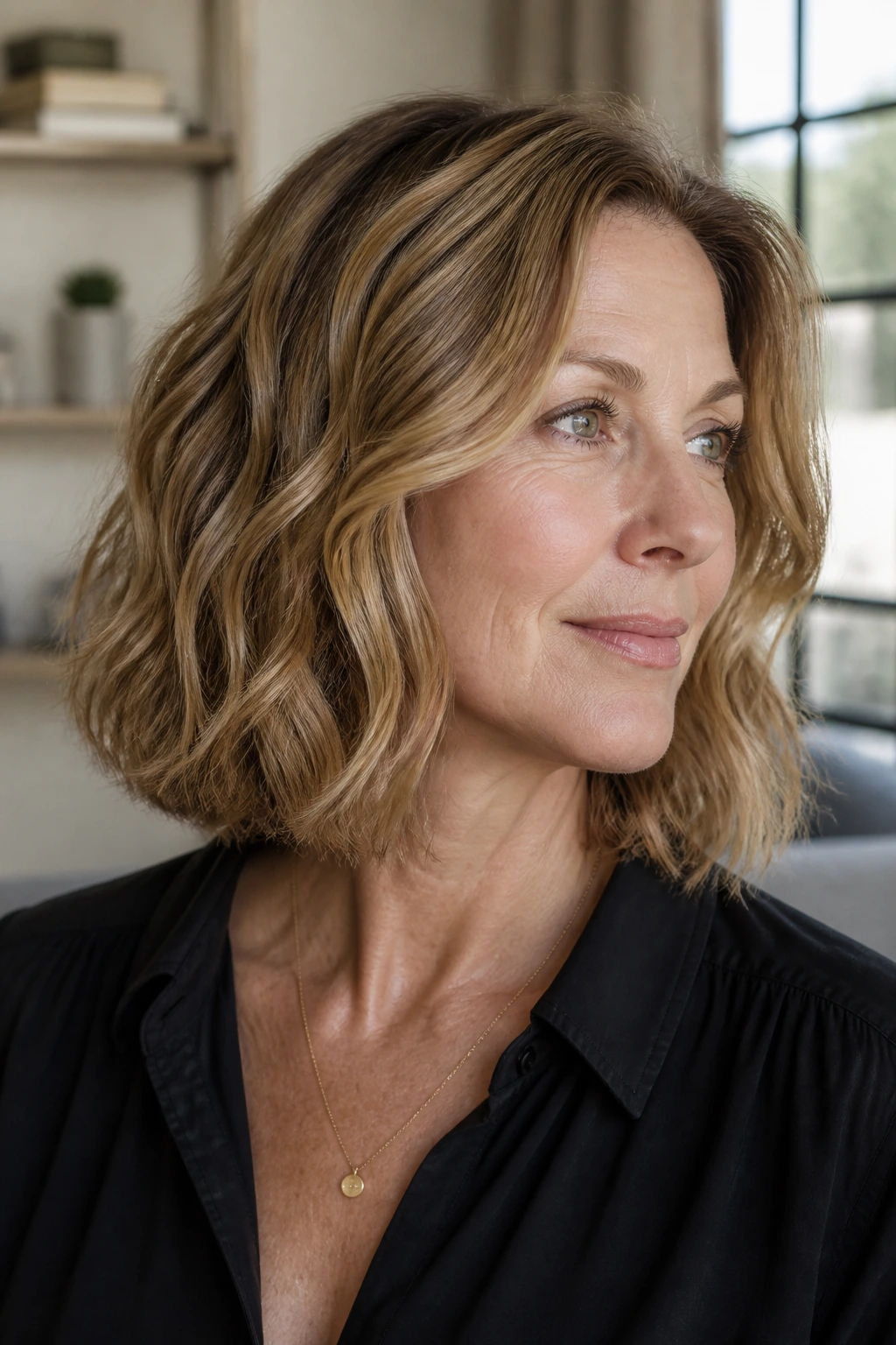 Close-up portrait of a woman with a versatile shoulder-length wavy bob in natural light