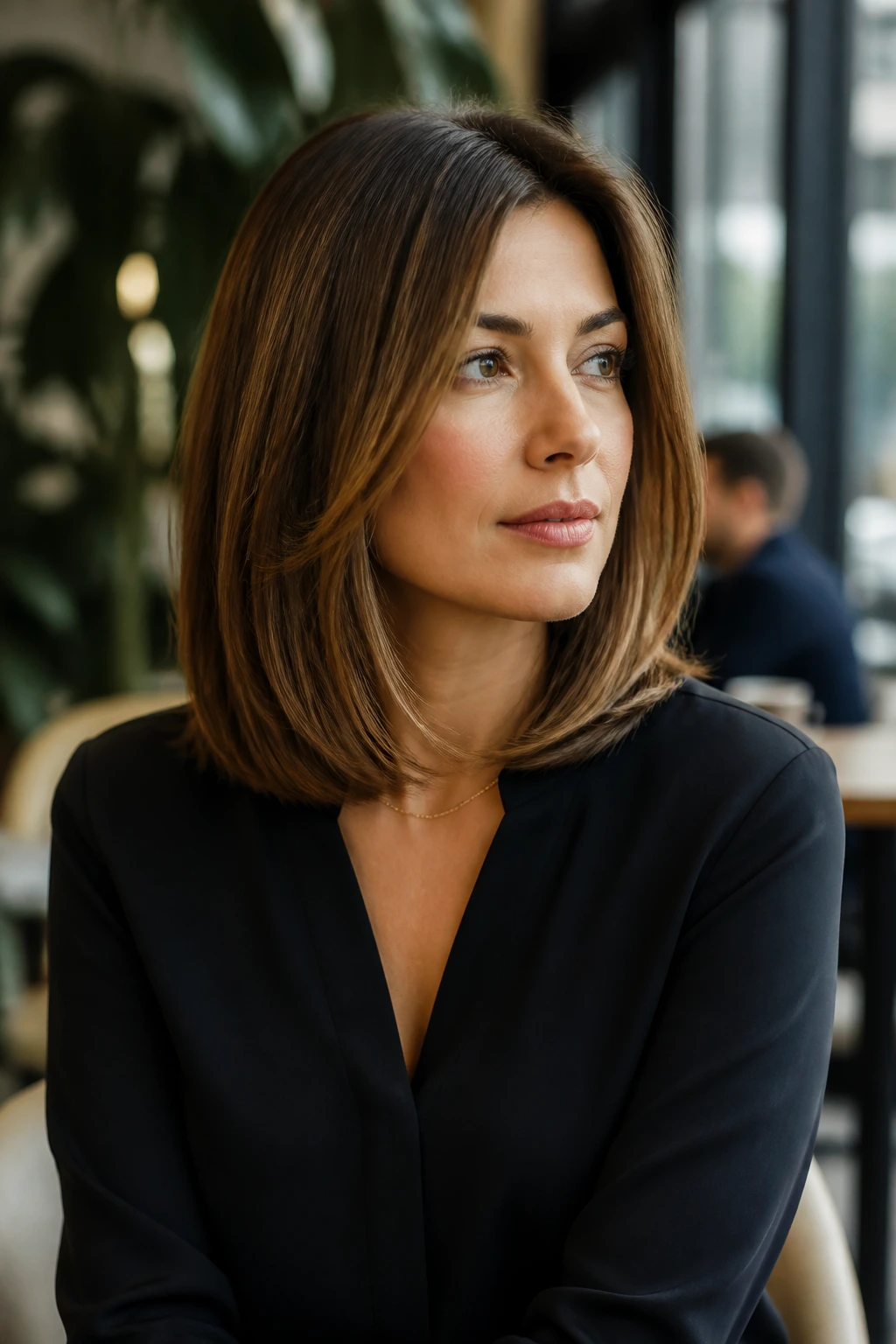 Portrait of real person with sleek lob, versatile for work and weekend looks