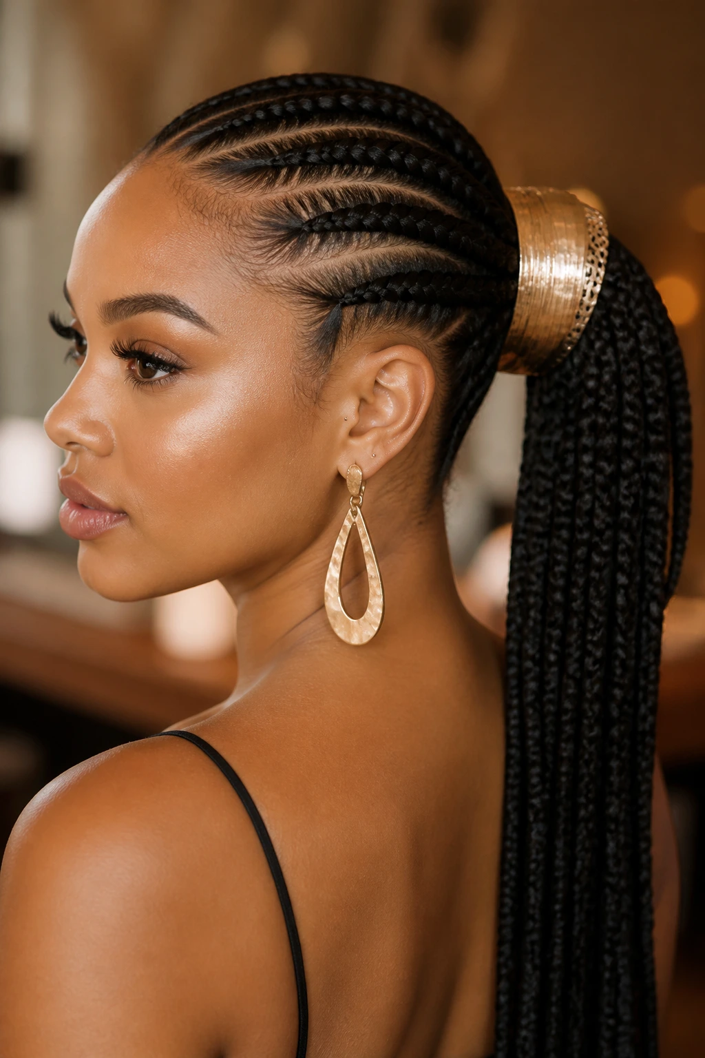 Real woman with sleek back braids and a bold wrap ponytail.