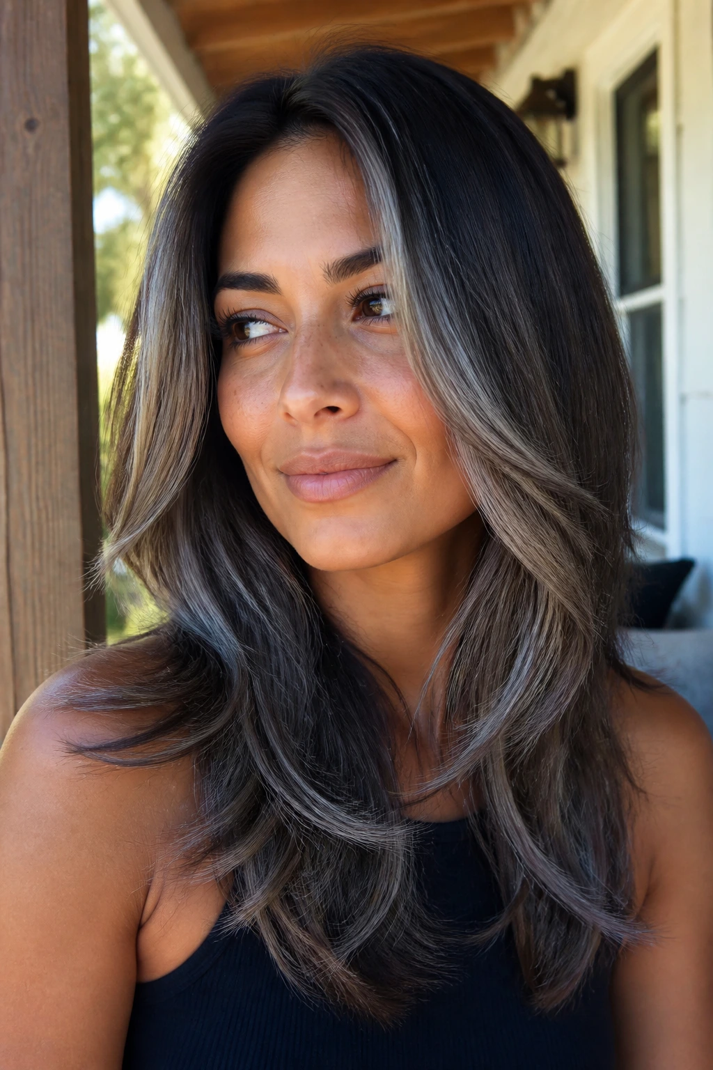 Close-up of a real person with wraparound layers and grey melt framing the face
