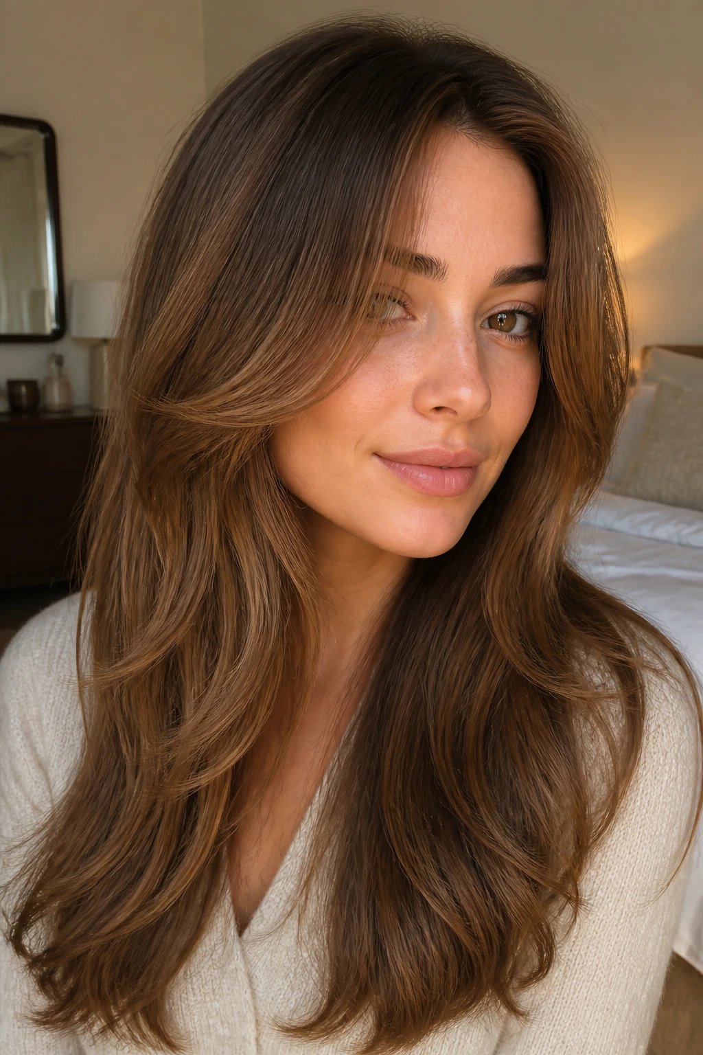 Close-up portrait with wraparound front layers curving around the face