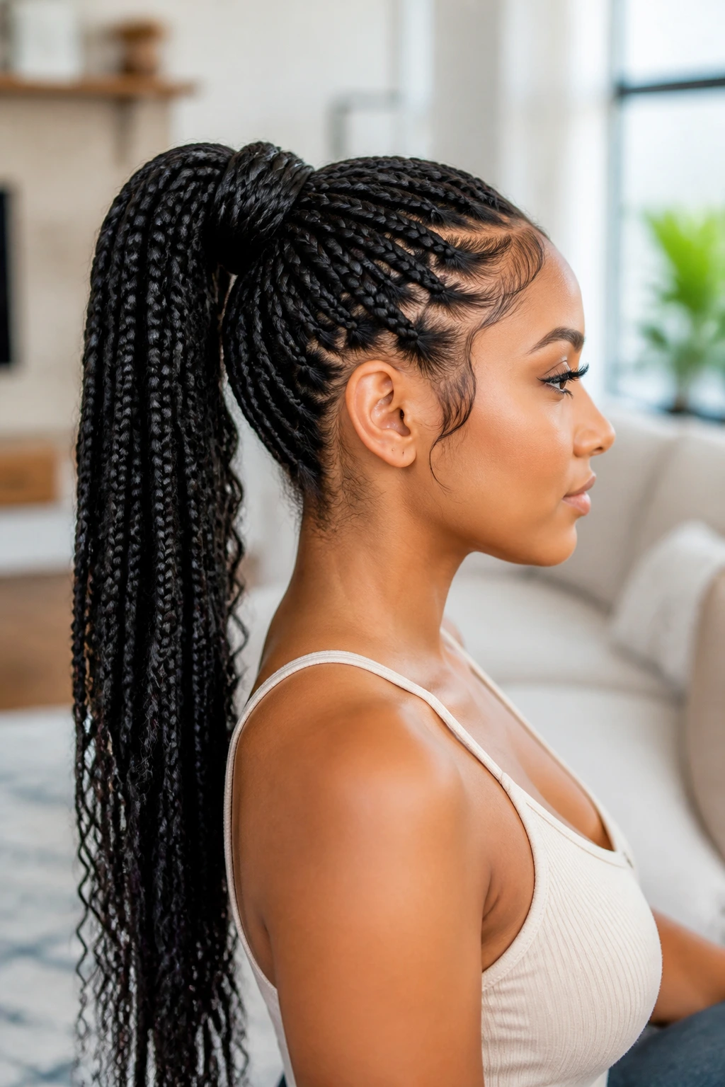 Side profile of a real woman with a wrapped-base braided ponytail