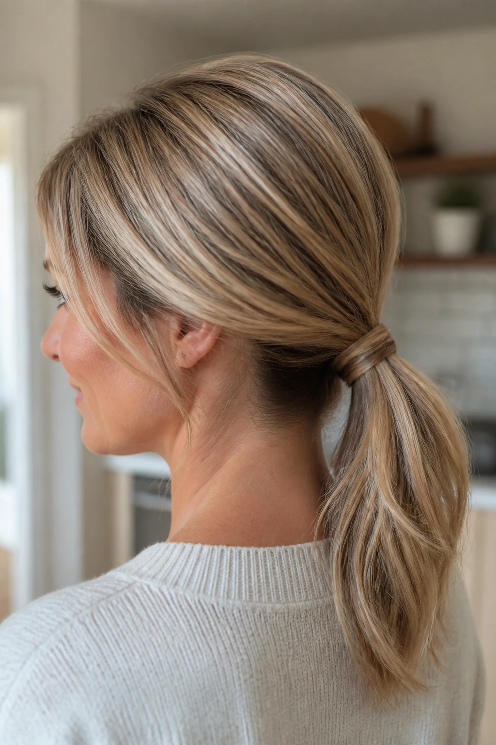 Portrait of a woman with a wrapped-base ponytail at the nape