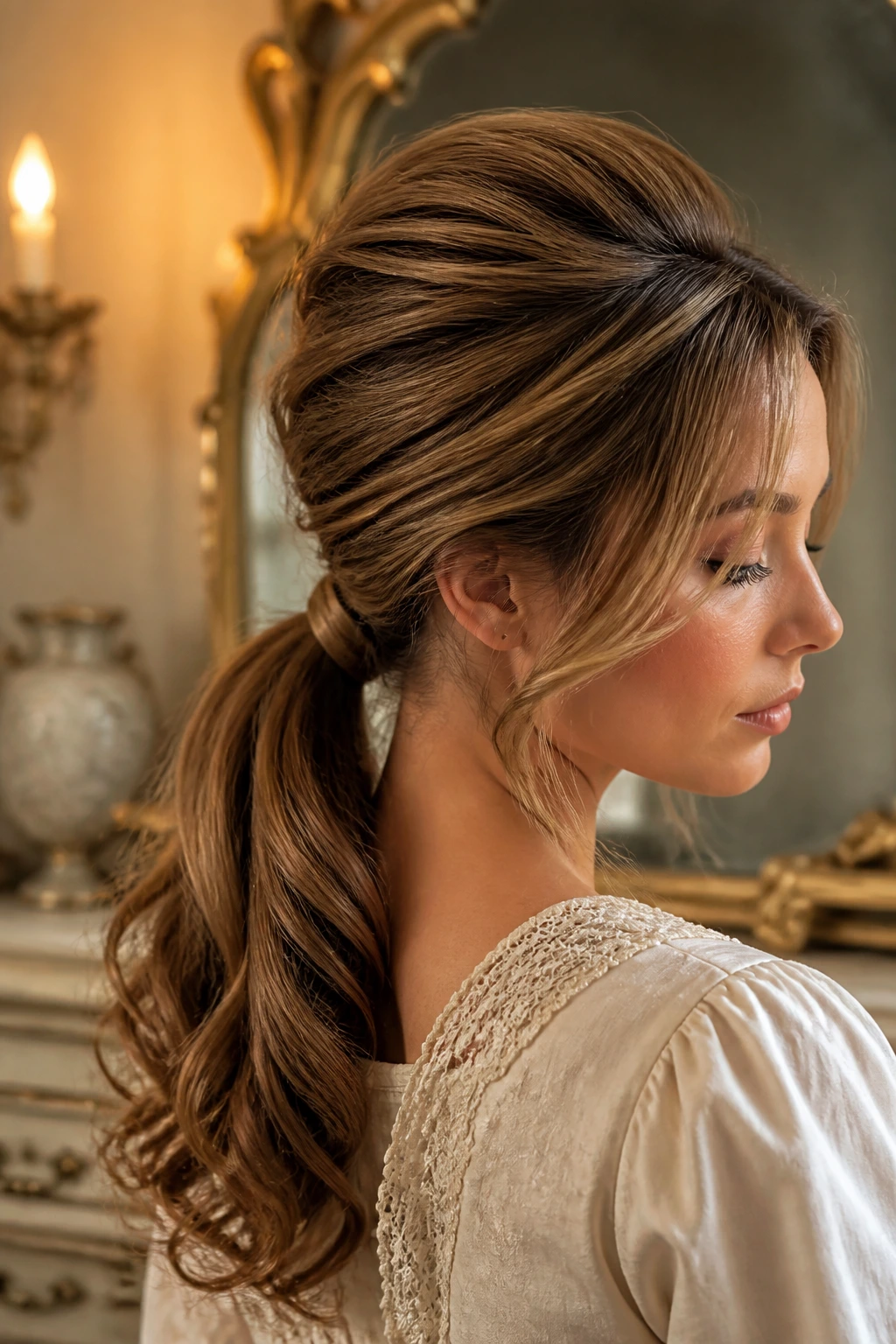 Close-up of a real woman with a wrapped-base ponytail and lifted crown.