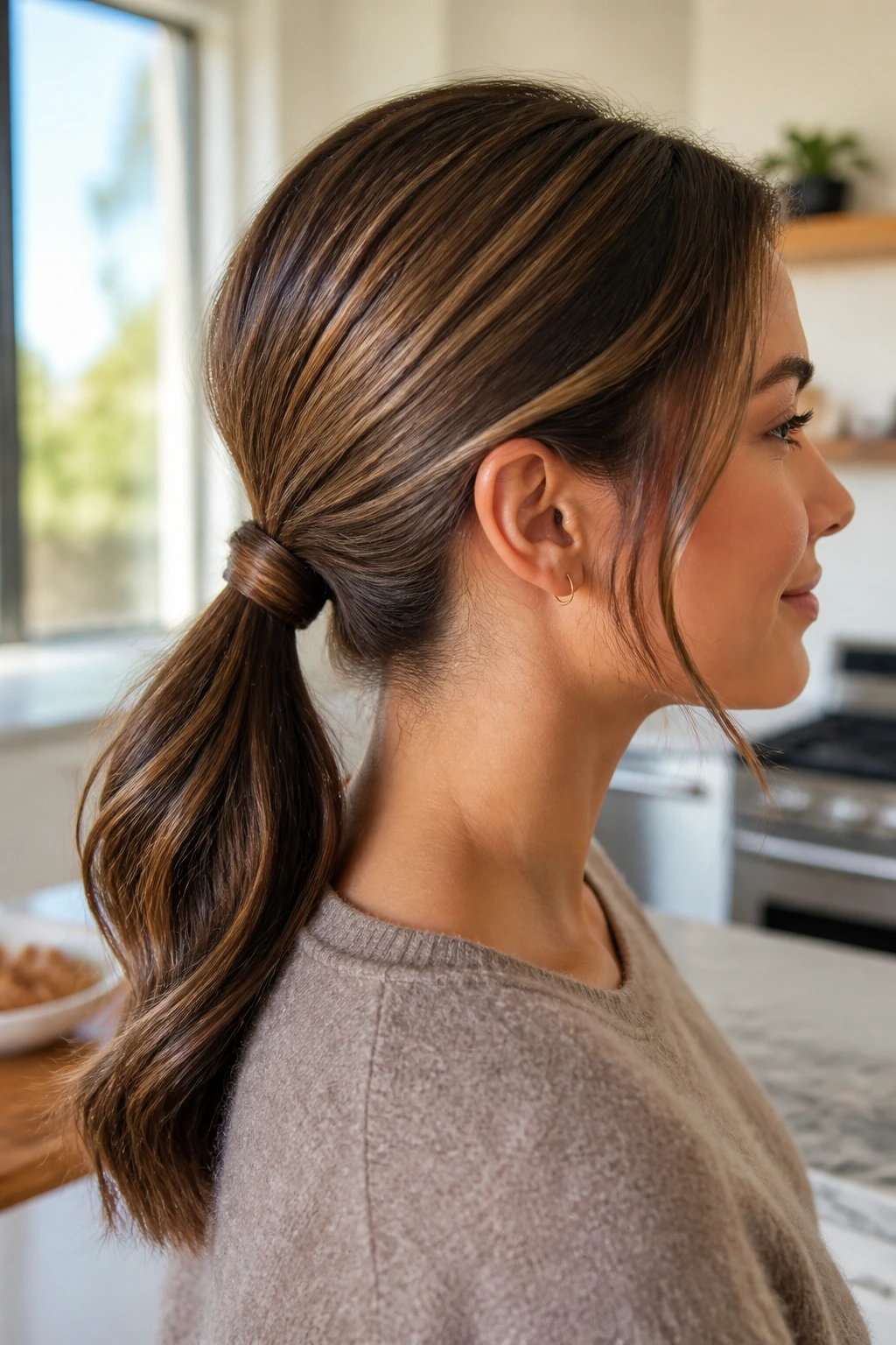 Profile view of a real woman with a wrapped-base low ponytail showing depth from lowlights.
