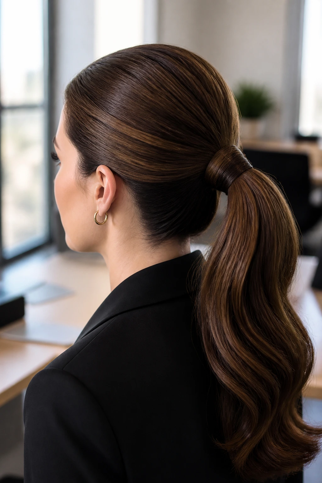 Back view of a woman wearing a wrapped-base ponytail with a neat hair wrap