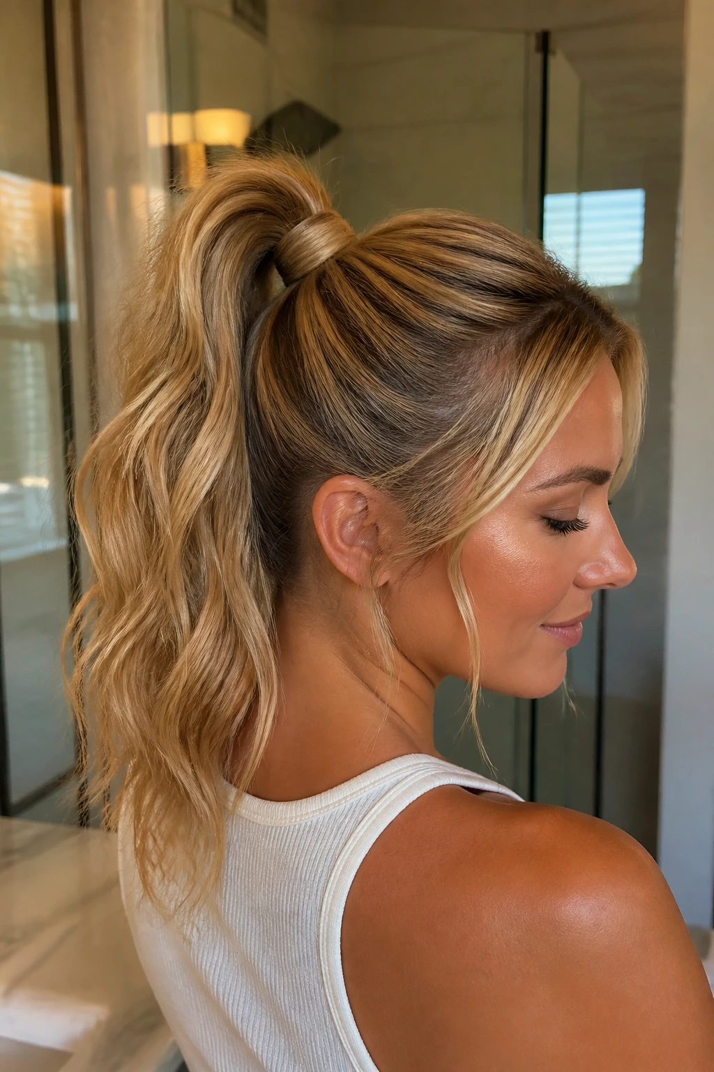 Close-up of a high ponytail with a wrapped base and loose waves
