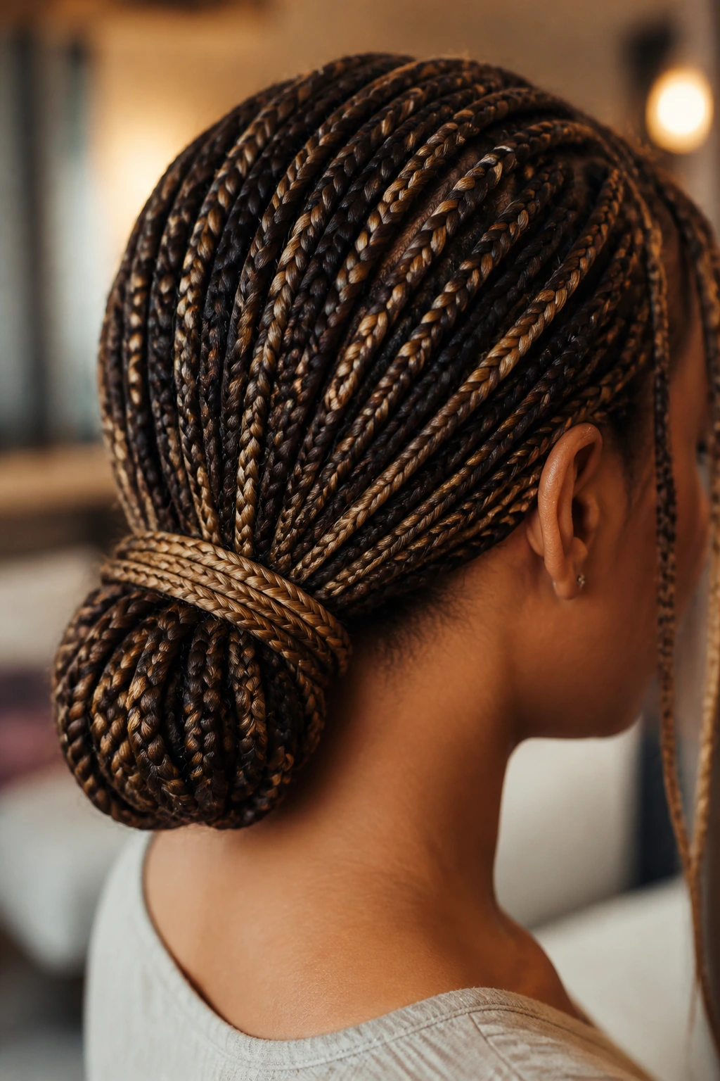 Wrapped braid around the base of a low bun