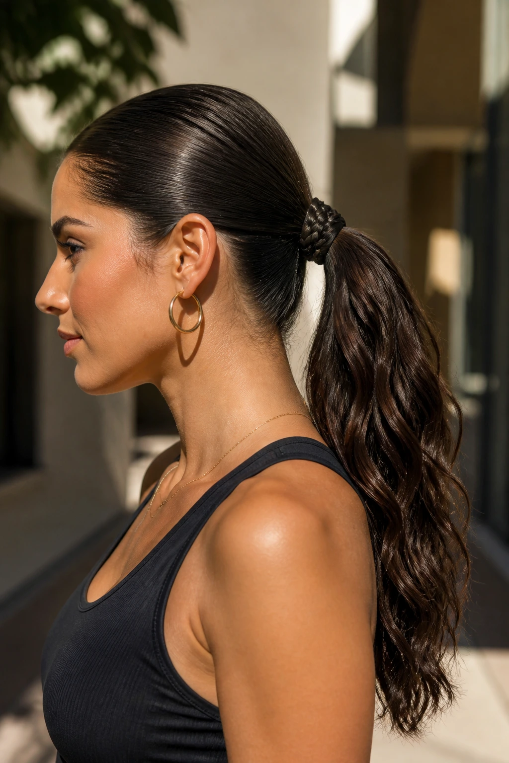 Real woman with a wrapped braid ponytail showing the braided wrap around the elastic